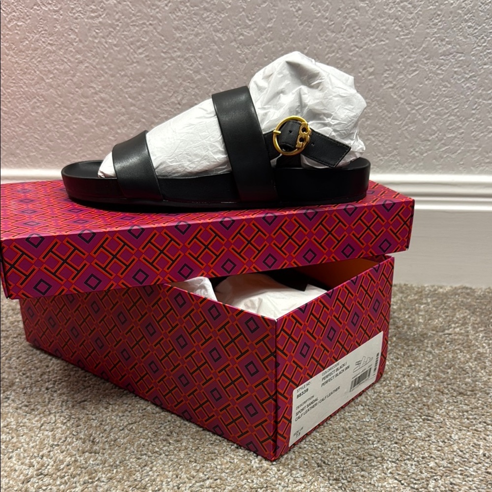NWT Tory Burch Chic Black Sandals with Gold Accent